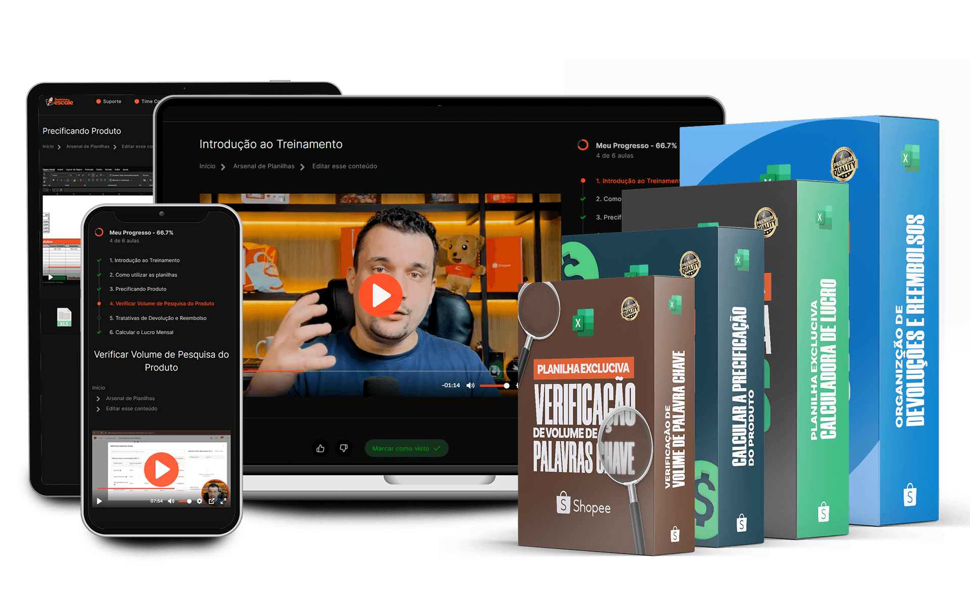 Curso e arsenal de planilhas Shopee exibidos em computador, celular e embalagens digitais